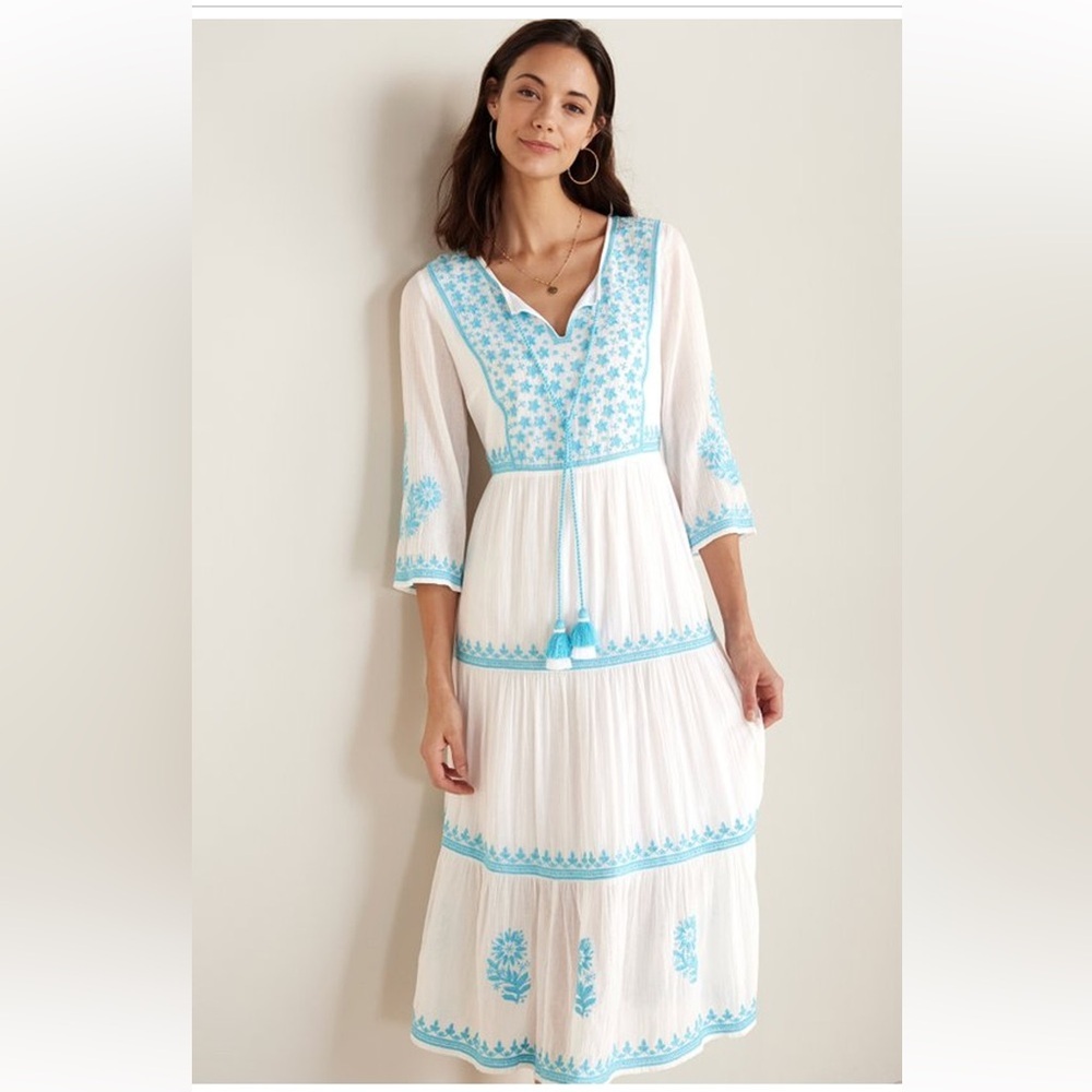 Soft Surroundings Juniper white & blue floral embroidered 3/4 sleeve midi dress - Picture 2 of 16